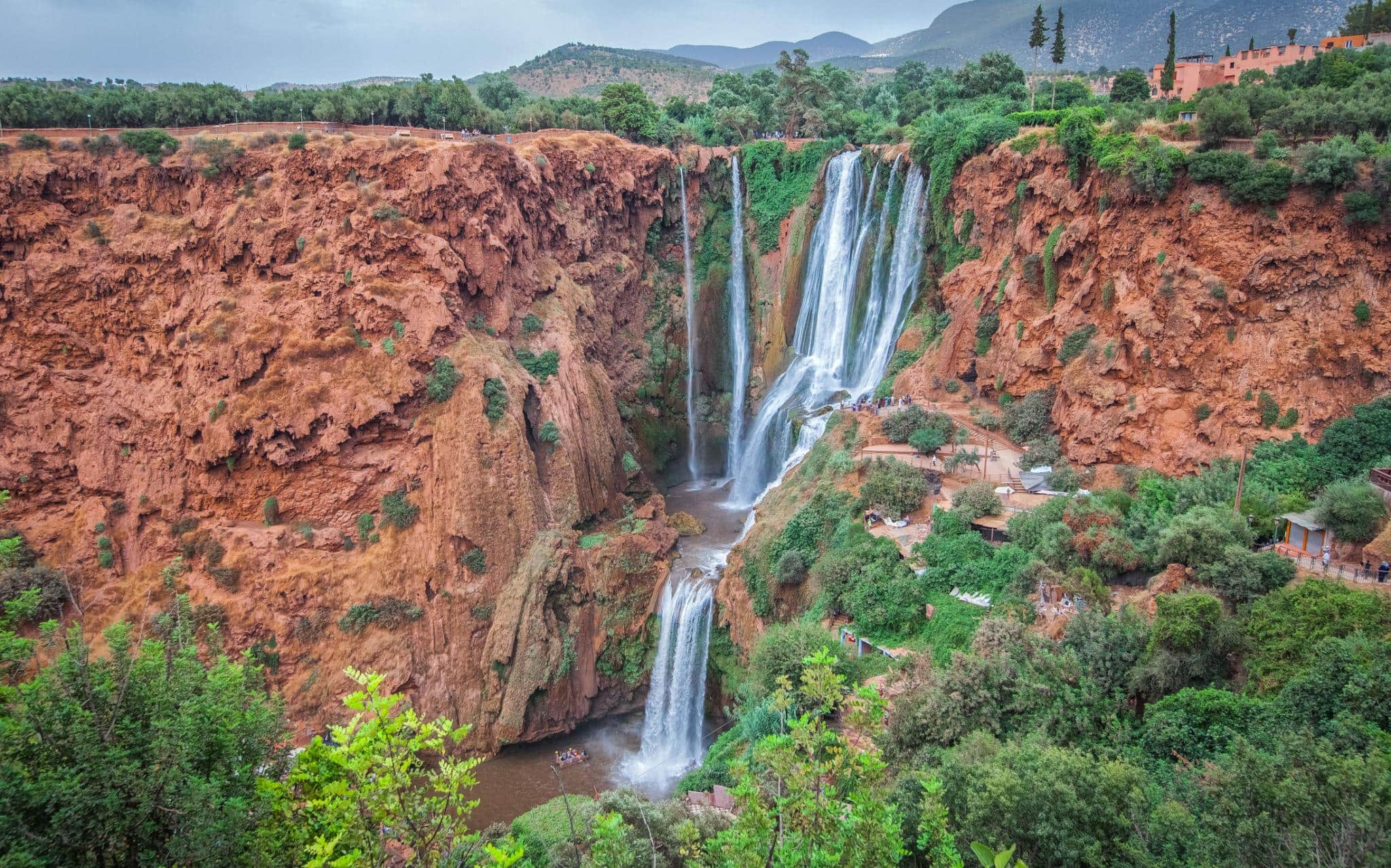 Ouzoud waterfalls cascading into a green valley in Morocco