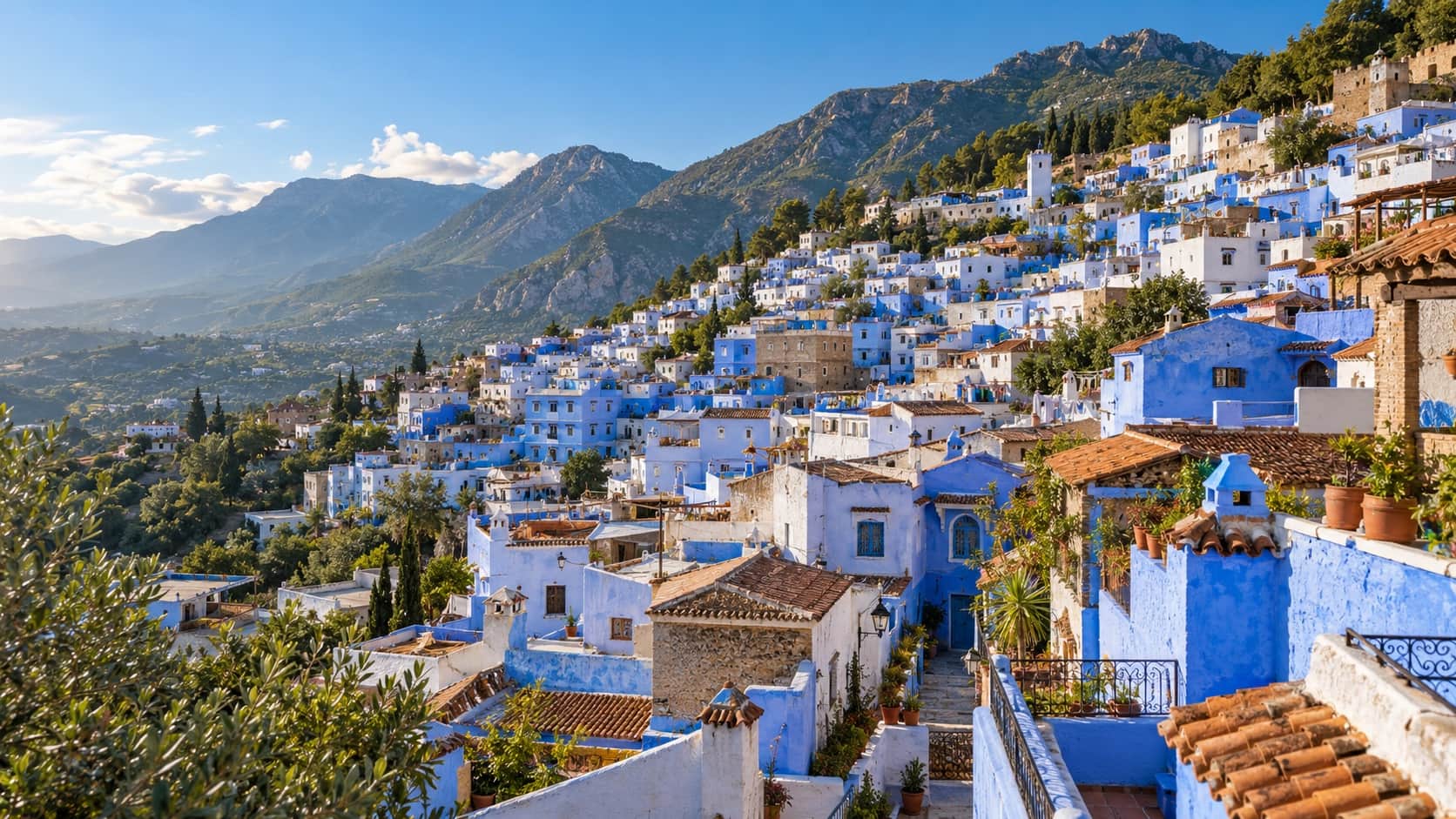 Blue streets and mountain scenery in Chefchaouen, Morocco