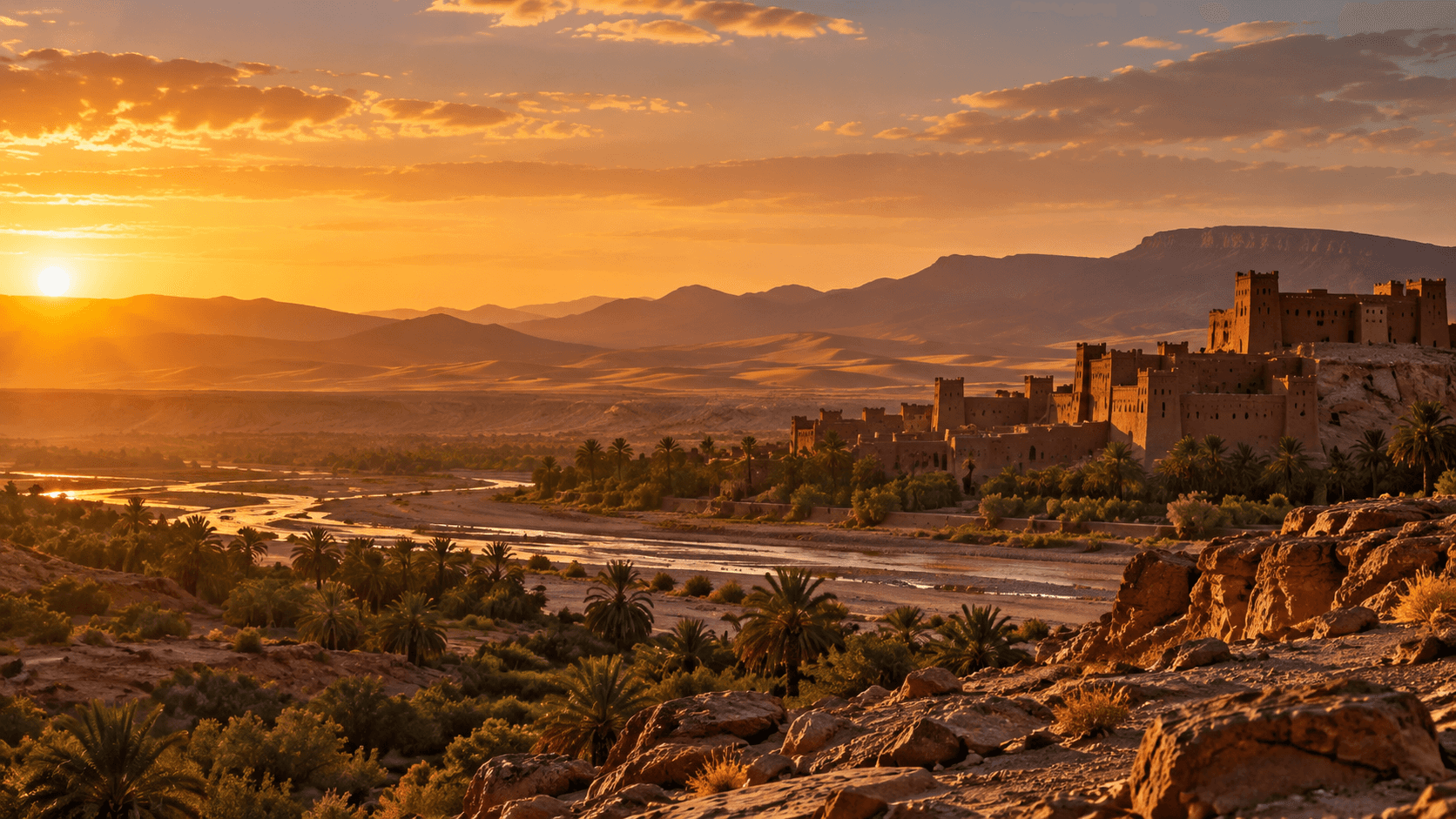 An earthen Moroccan kasbah and palm valley at sunset